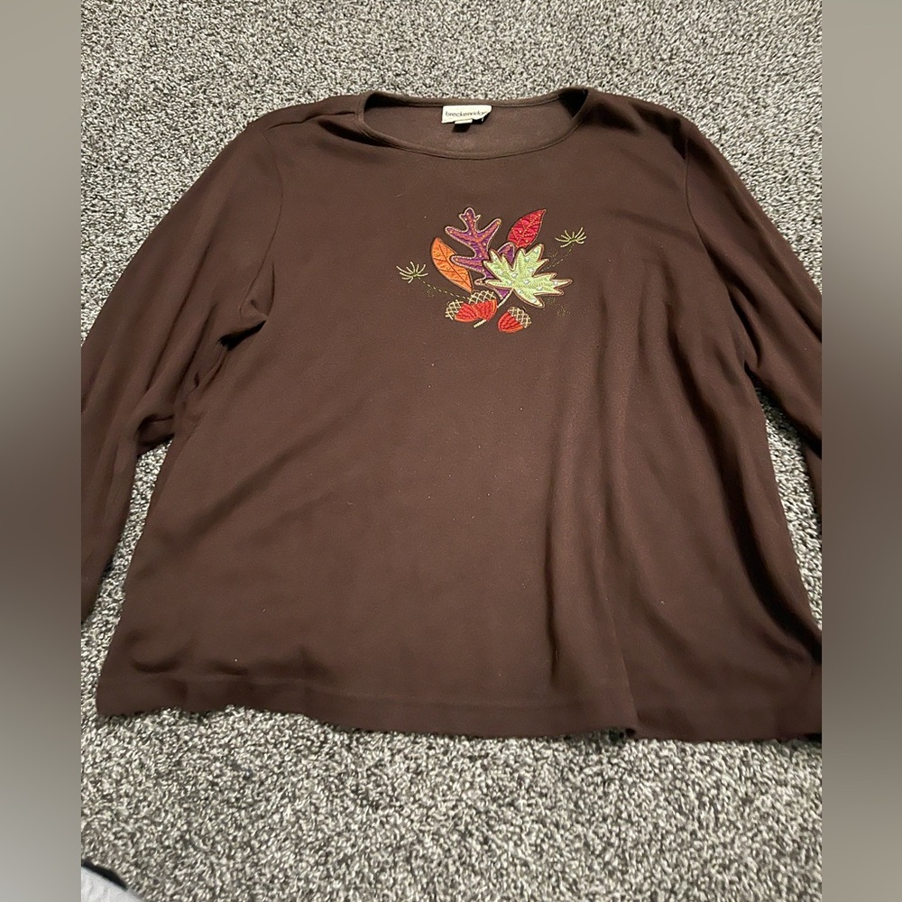 Breckenridge Brown Fall Autumn Embroidered Leaves Long Sleeve Shirt L